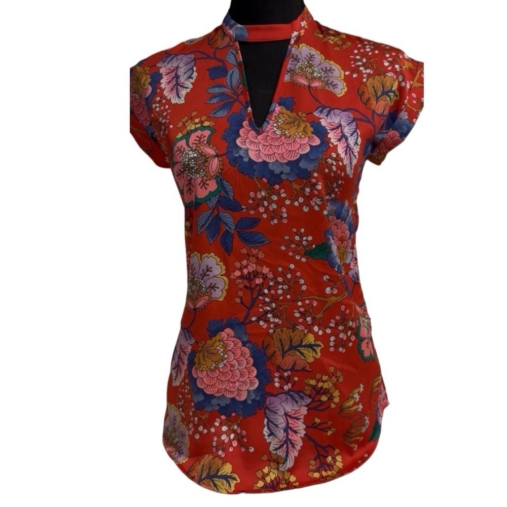 Express Red Oriental Blossoms Choker Cap-sleeve Silky Blouse XXS TTP Light - Picture 5 of 16